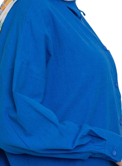 Royal Blue Linen Pocket Over Size Shirt - Khotwh